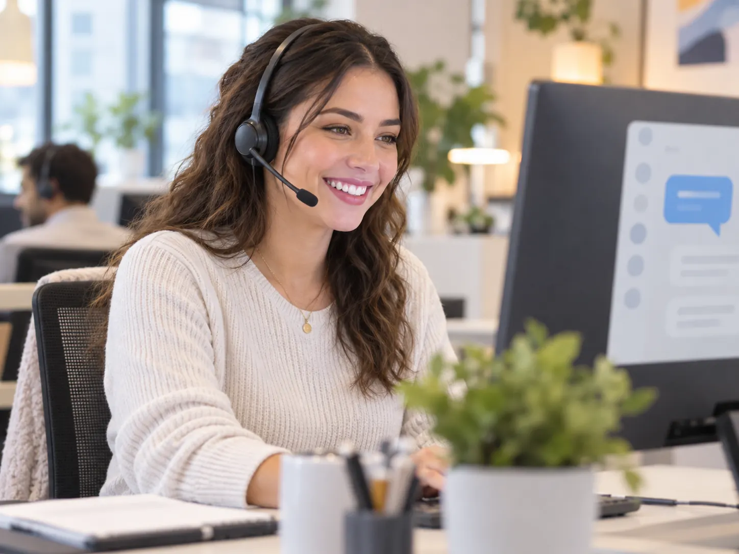 Customer support agent wearing a headset and smiling while assisting a shopper