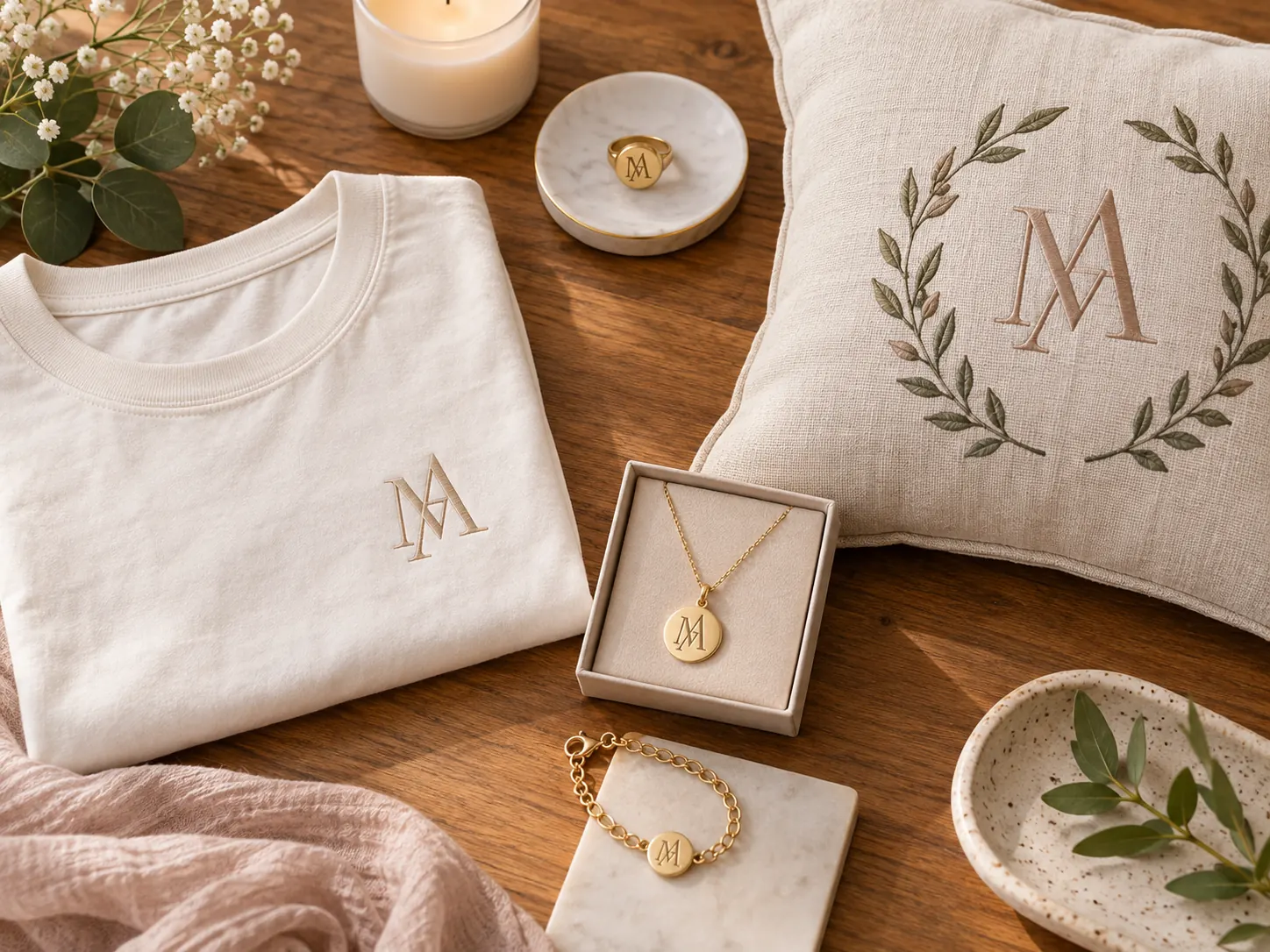 Flat lay of personalized products including a monogrammed t-shirt, engraved jewelry, and custom home decor