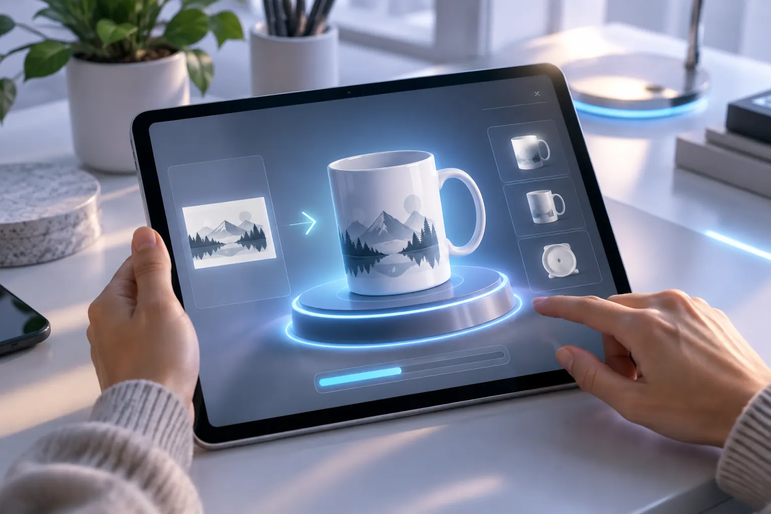 Tablet screen showing a 3D AI-generated mockup preview of a custom product