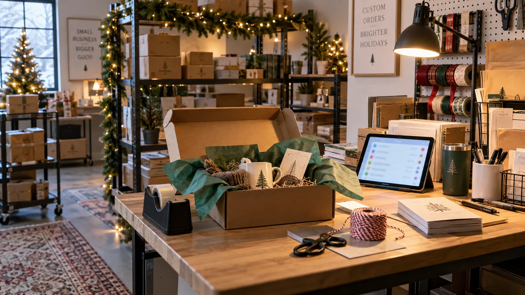 Workshop with christmas decoration, a package with personalized products is getting prepared over a desk.