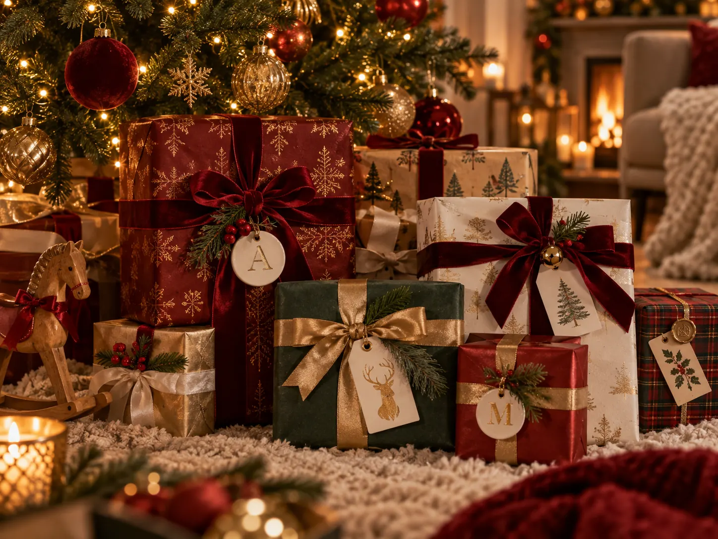Stack of wrapped Christmas gifts under a softly lit tree with warm string lights