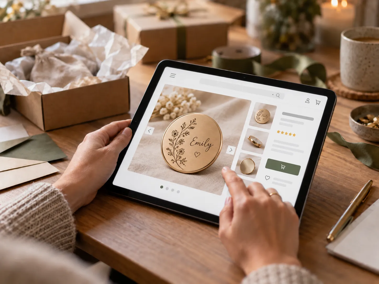 a person with a tablet, buying a personalized engraved medallion