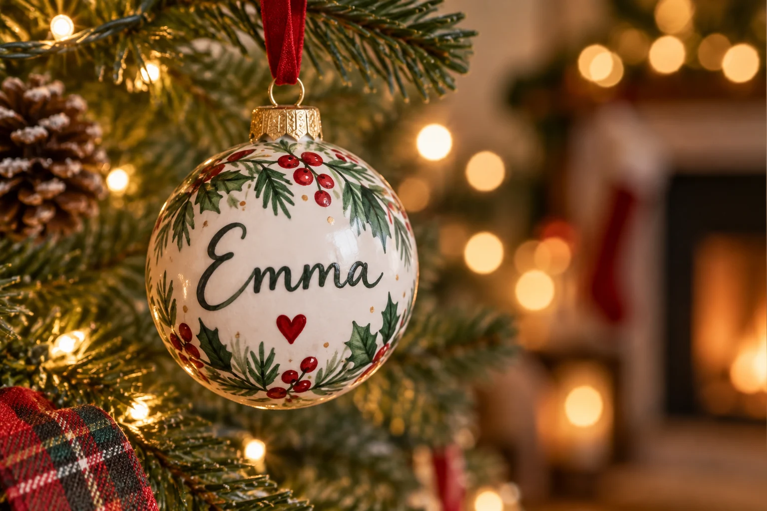 Close-up of a hand-painted personalized Christmas ornament hanging on a pine branch
