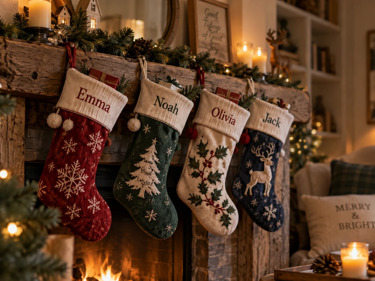 Row of custom-embroidered Christmas stockings with different names hanging on a mantel
