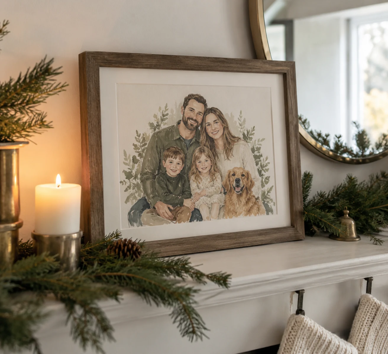 Framed hand-illustrated family portrait displayed on a mantel with holiday greenery