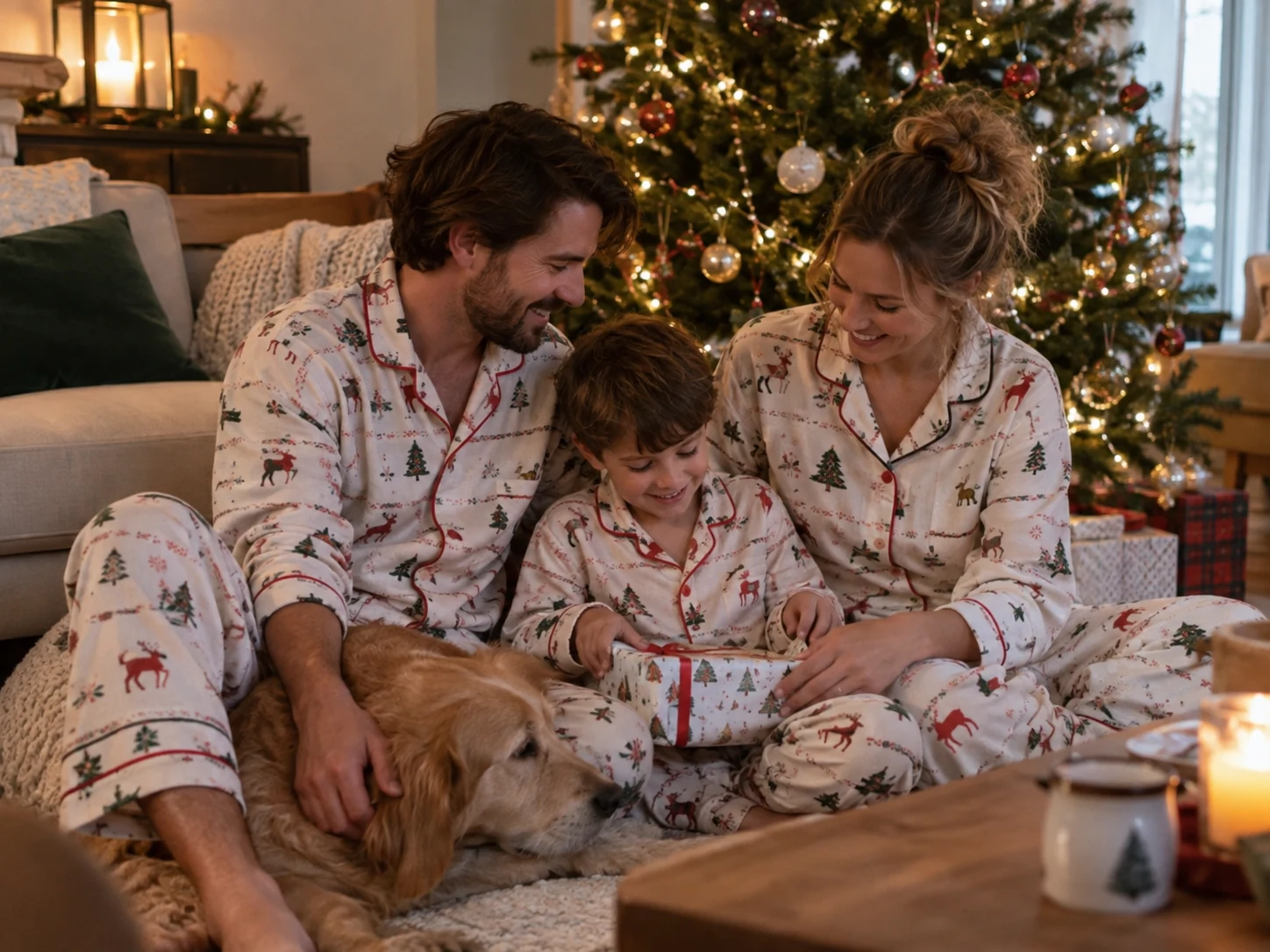 Family wearing matching custom pajamas with names embroidered on them by the Christmas tree