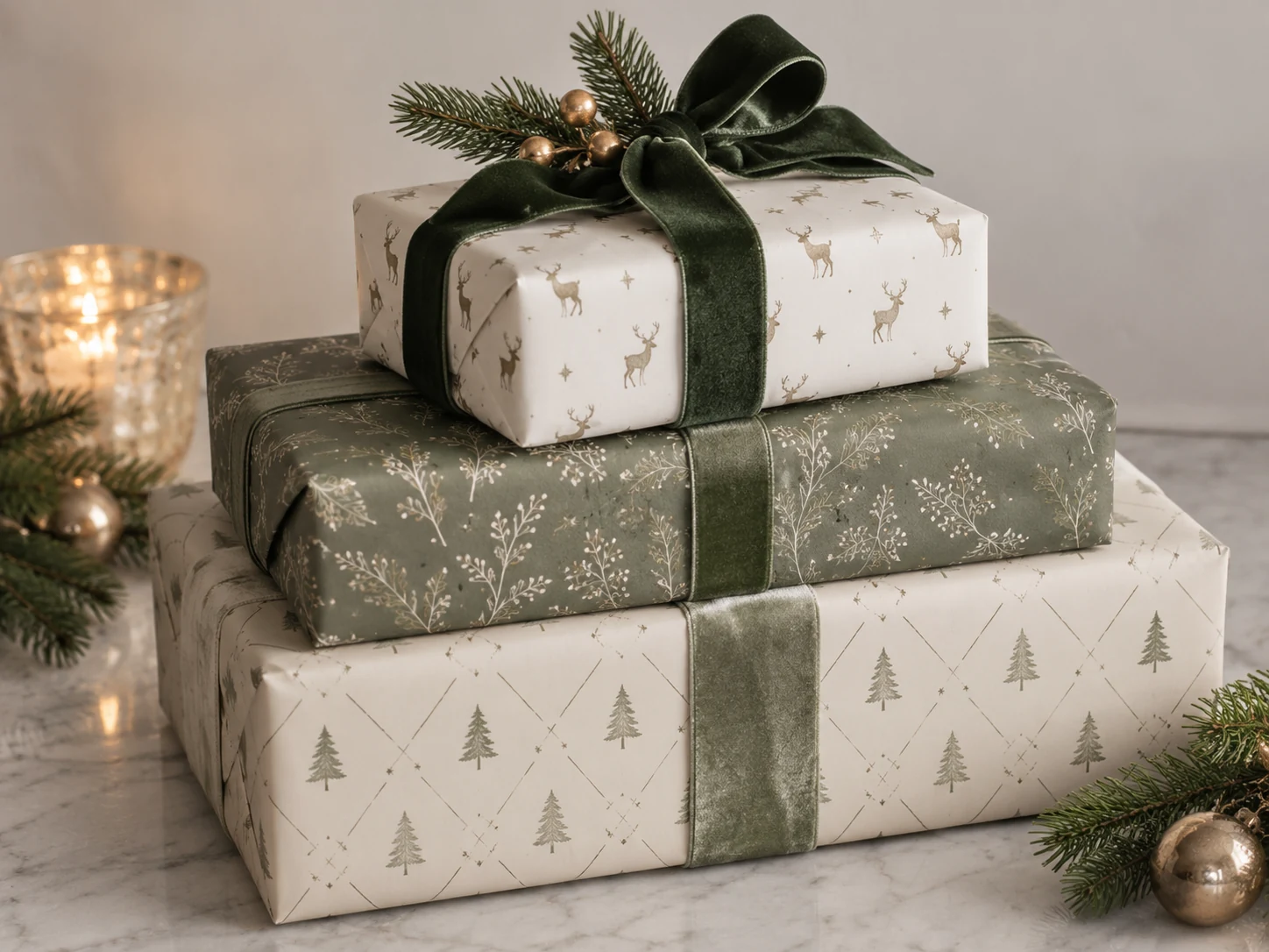 Wrapped presents using custom-printed wrapping paper with ribbon and pine sprigs