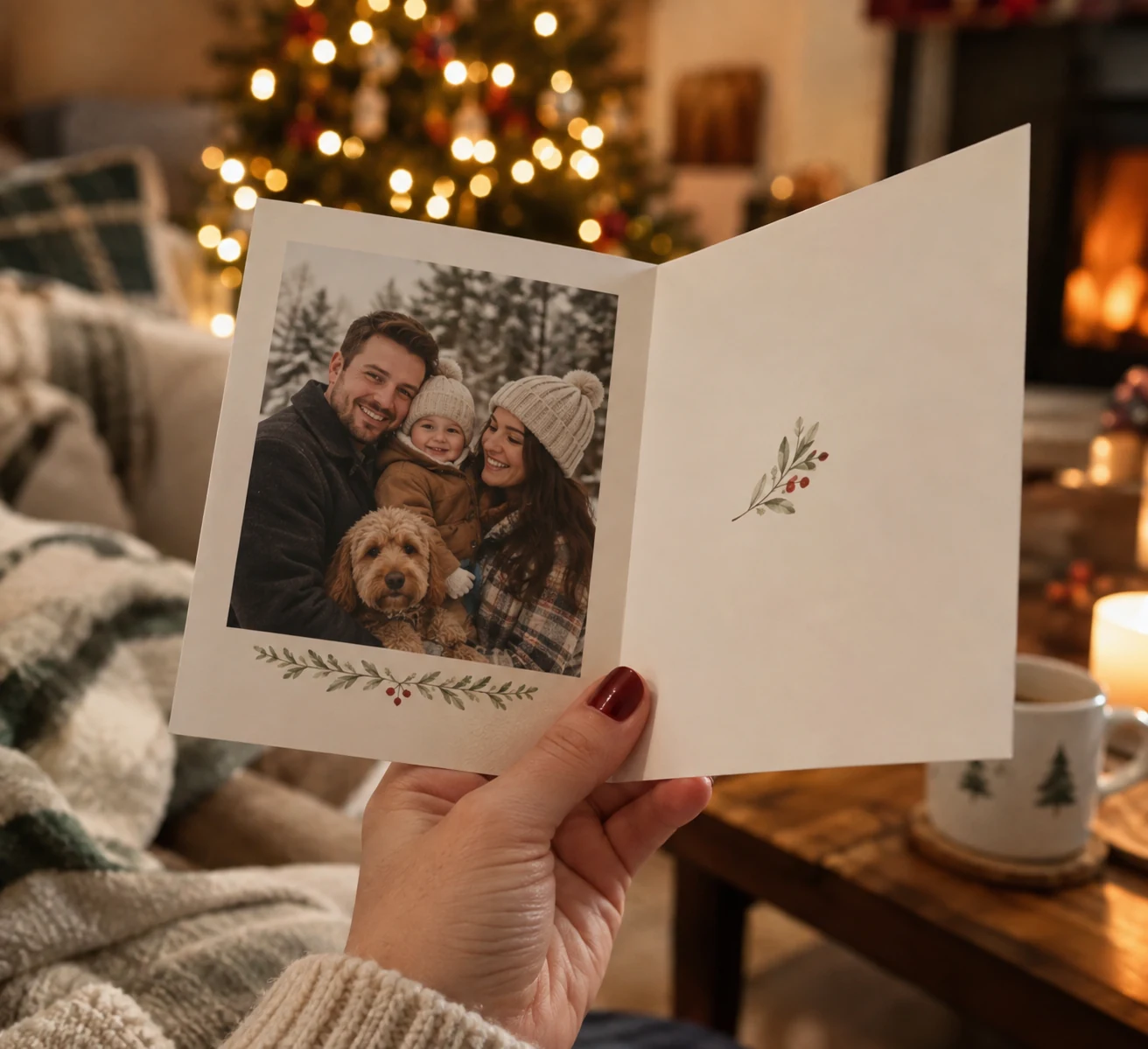 Hand holding an open custom Christmas card featuring a family photo