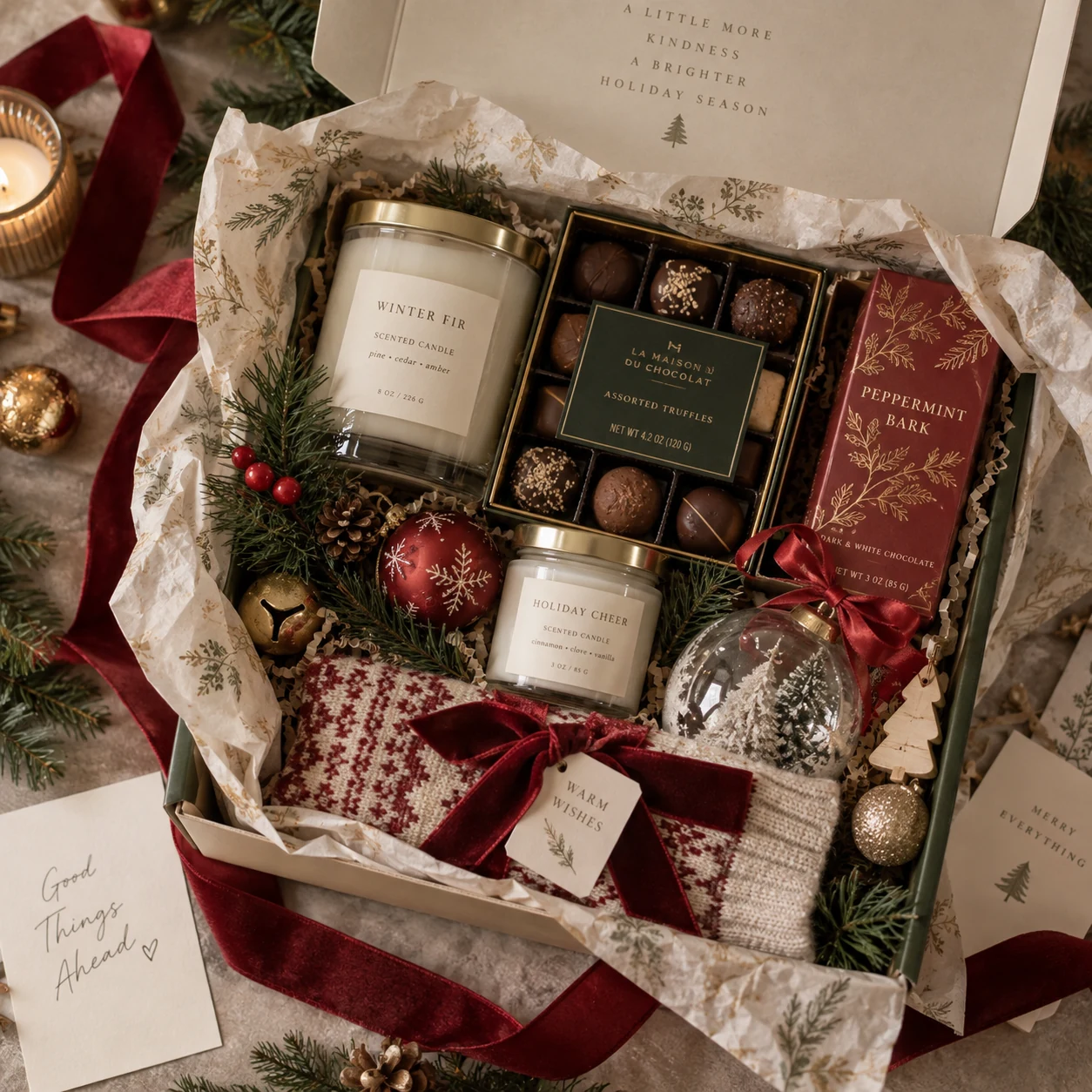 Open curated Christmas gift box filled with candles, chocolates, and small ornaments