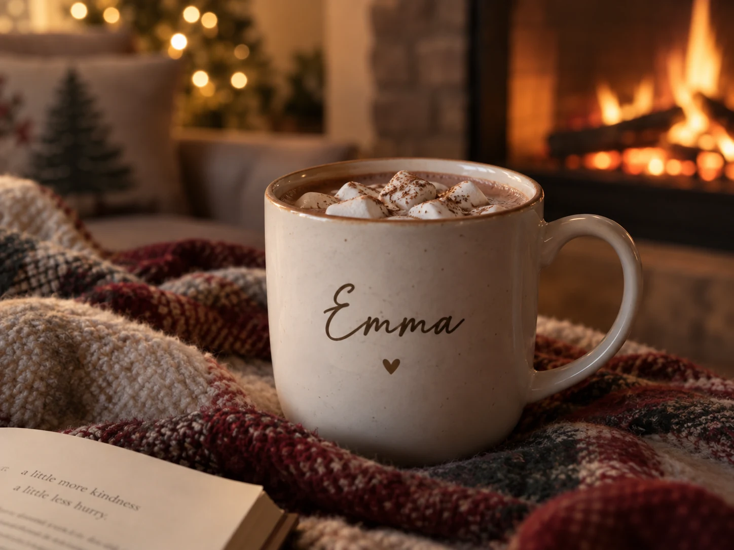 Personalized mug filled with hot cocoa and marshmallows next to a fireplace