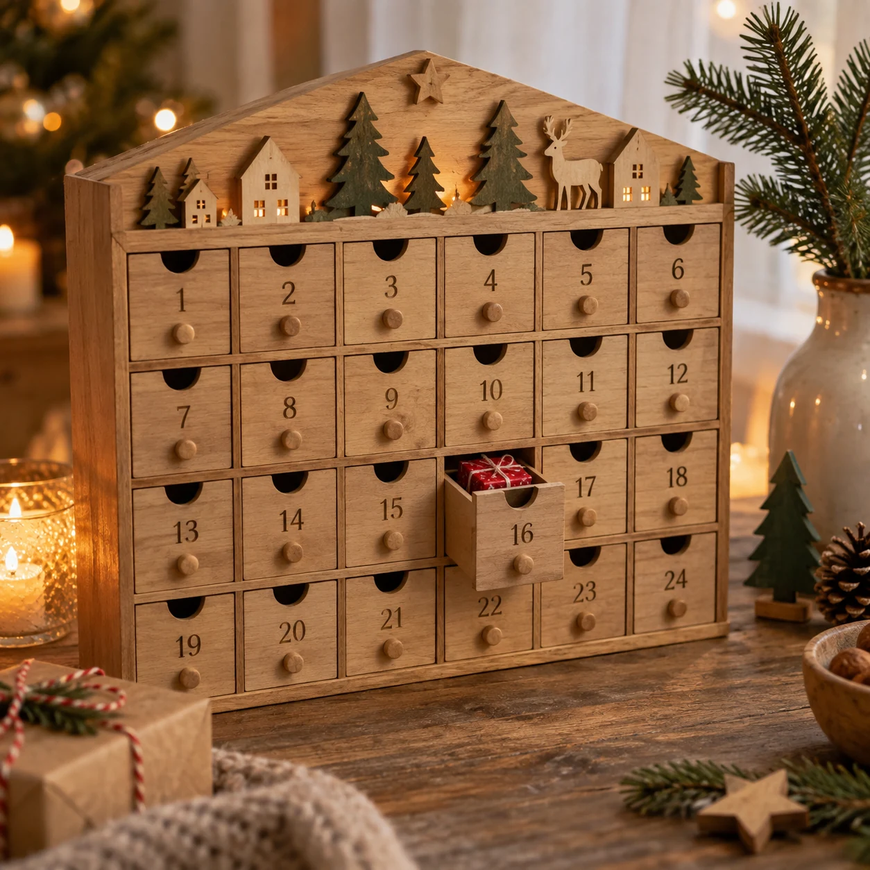 Wooden advent calendar with numbered drawers, one open showing a small gift