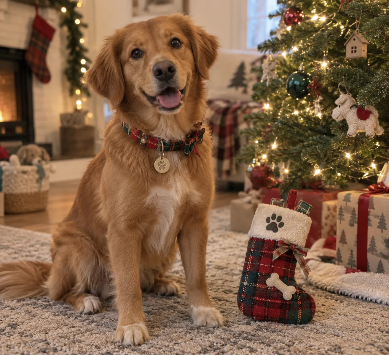 Dog wearing a custom holiday collar with a name tag next to a decorated Christmas tree