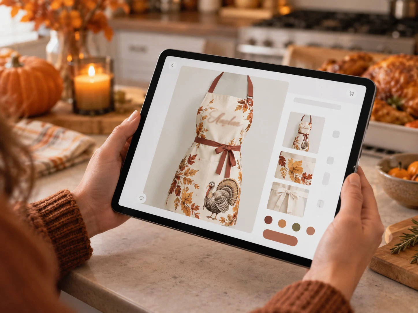 Tablet screen showing an AI-generated preview of a personalized Thanksgiving apron design