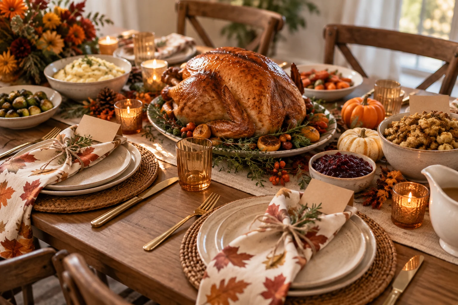 Thanksgiving table set with a roasted turkey and personalized place cards at each setting
