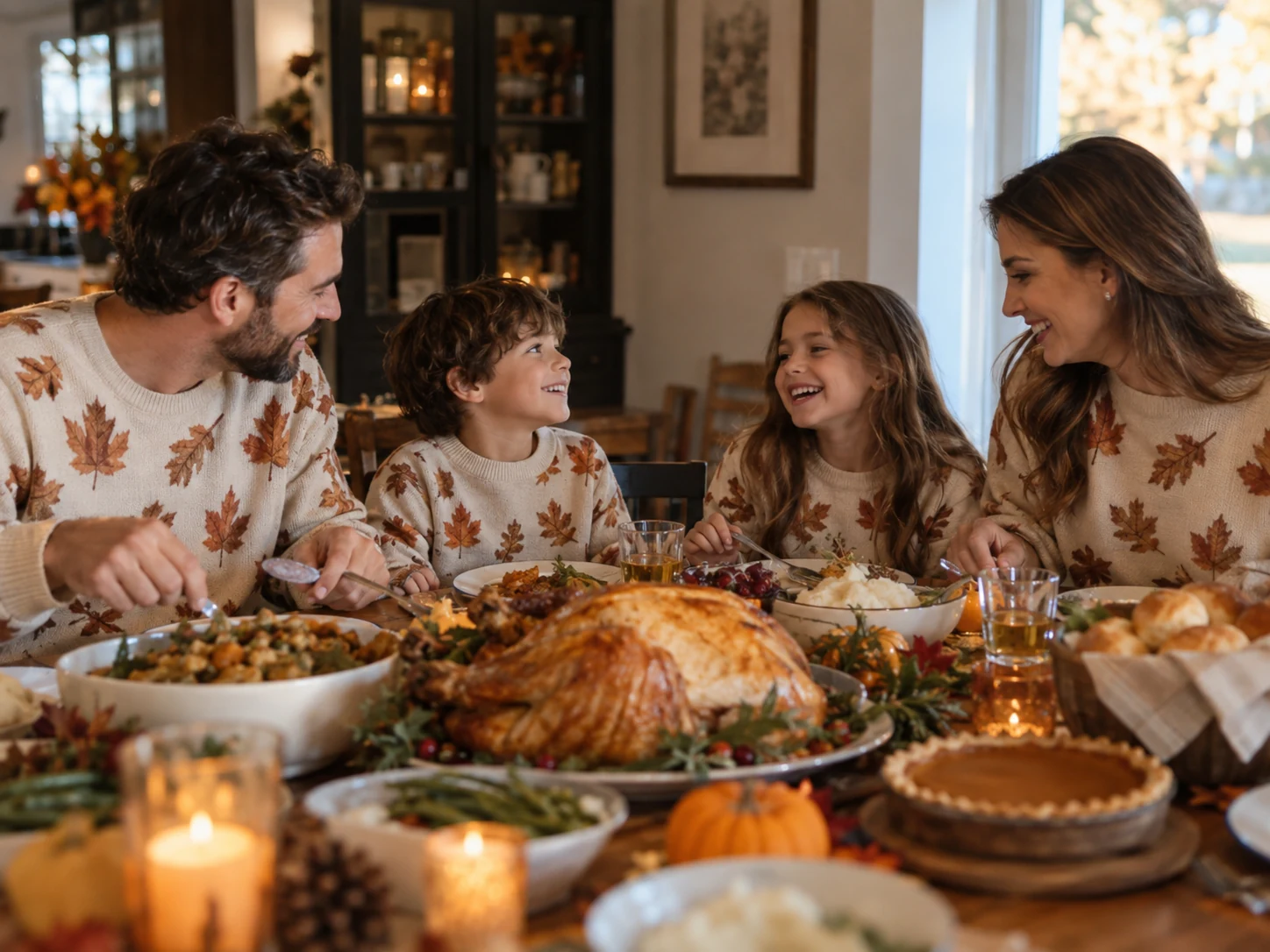Family gathered around the Thanksgiving table wearing matching personalized sweaters