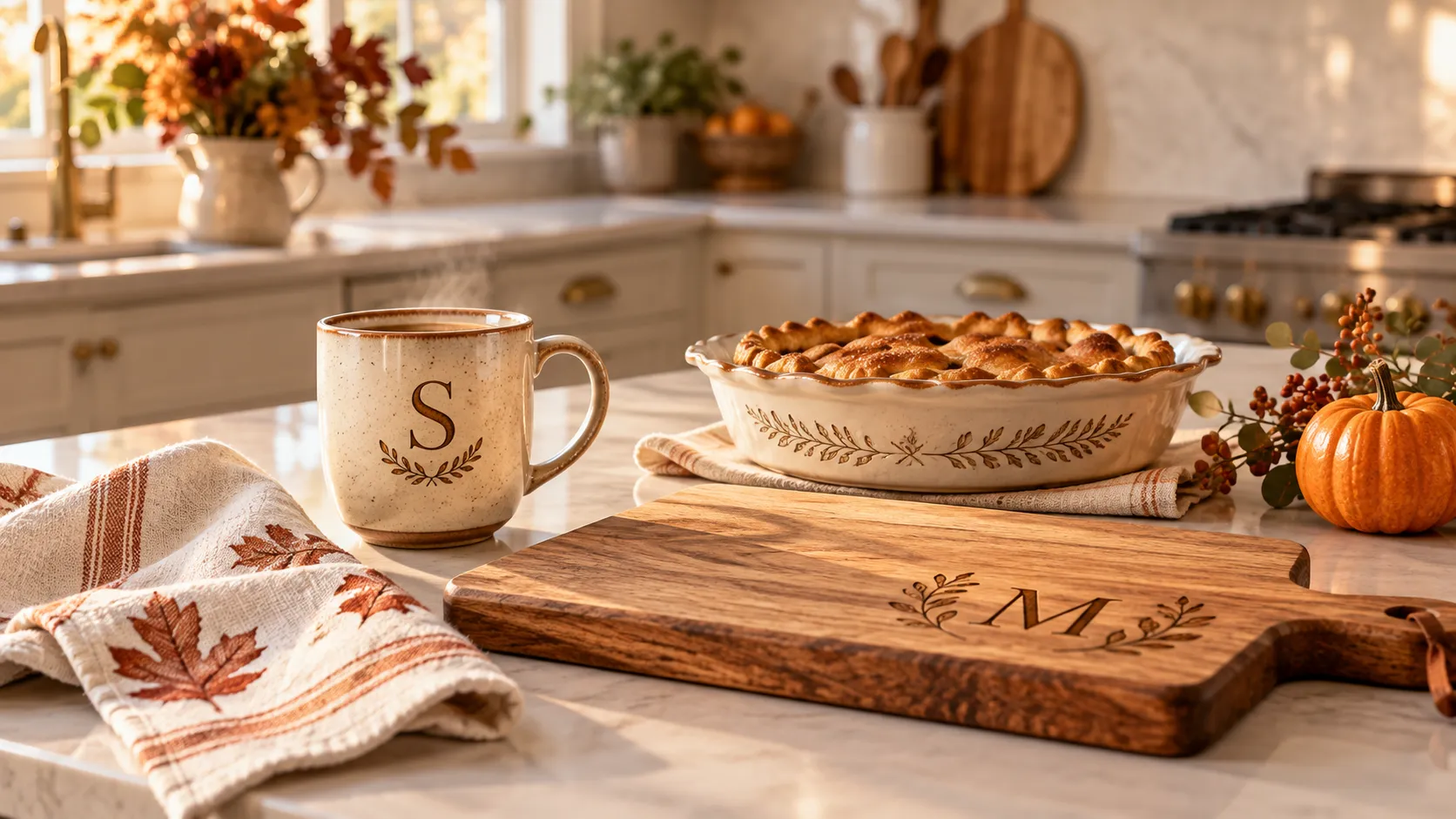 Kitchen table with a set of personalized products above with thanksgiving vibes