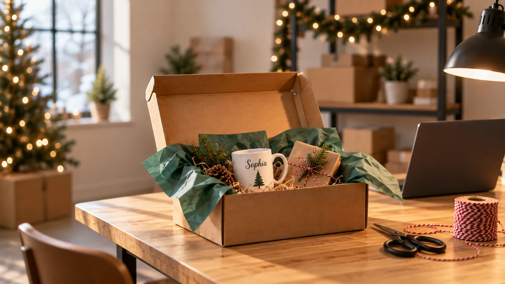 Workshop with christmas decoration, a package with personalized products is getting prepared over a desk.