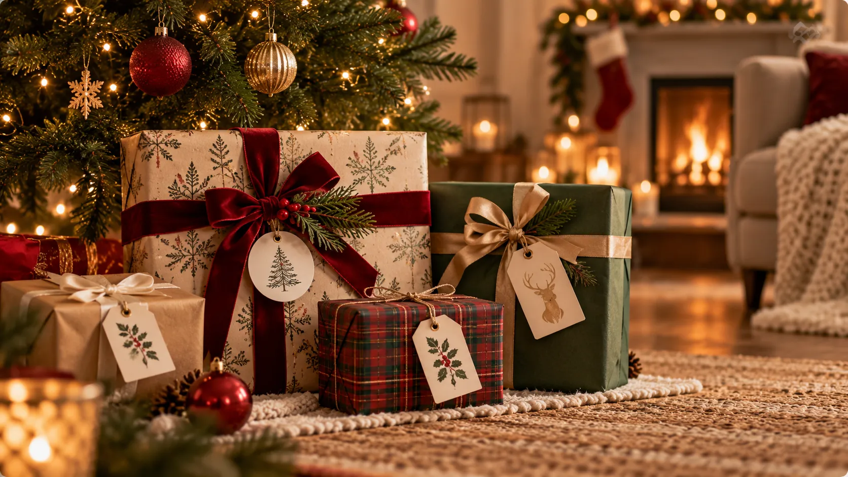 Stack of wrapped Christmas gifts under a softly lit tree with warm string lights