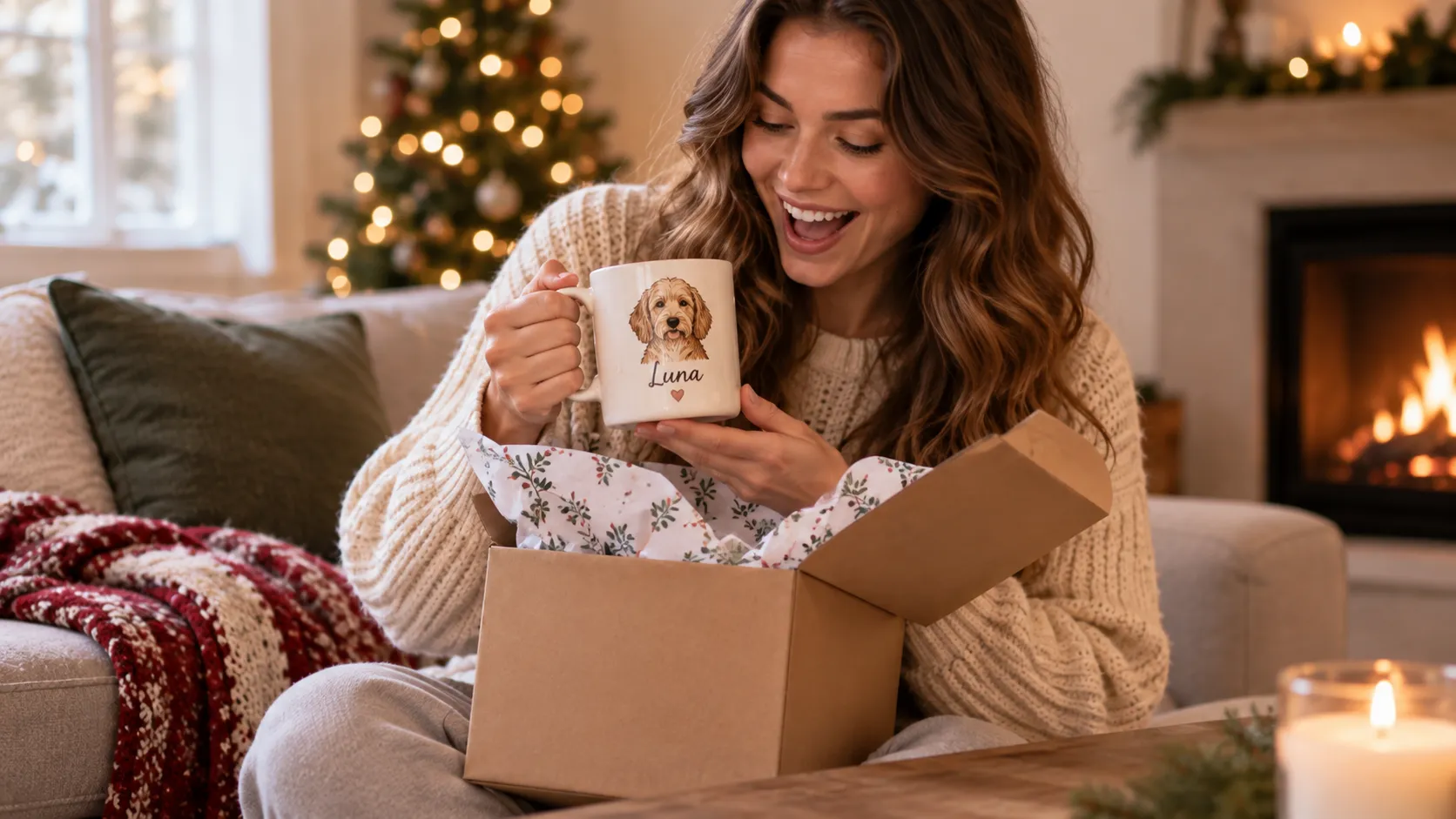 Girl opening a christmas personalized present