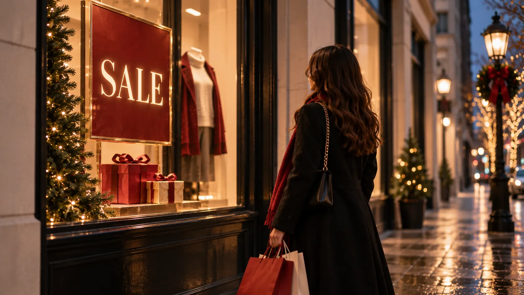 Festive Black Friday storefront at night with glowing sale signage and shoppers carrying bags