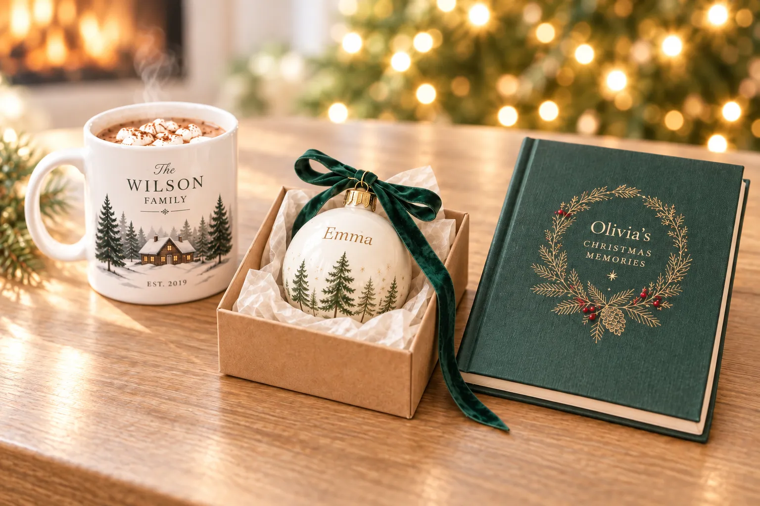 A personalized mug, personalized ornament and personalized journal over a table with christmas decoration in the back