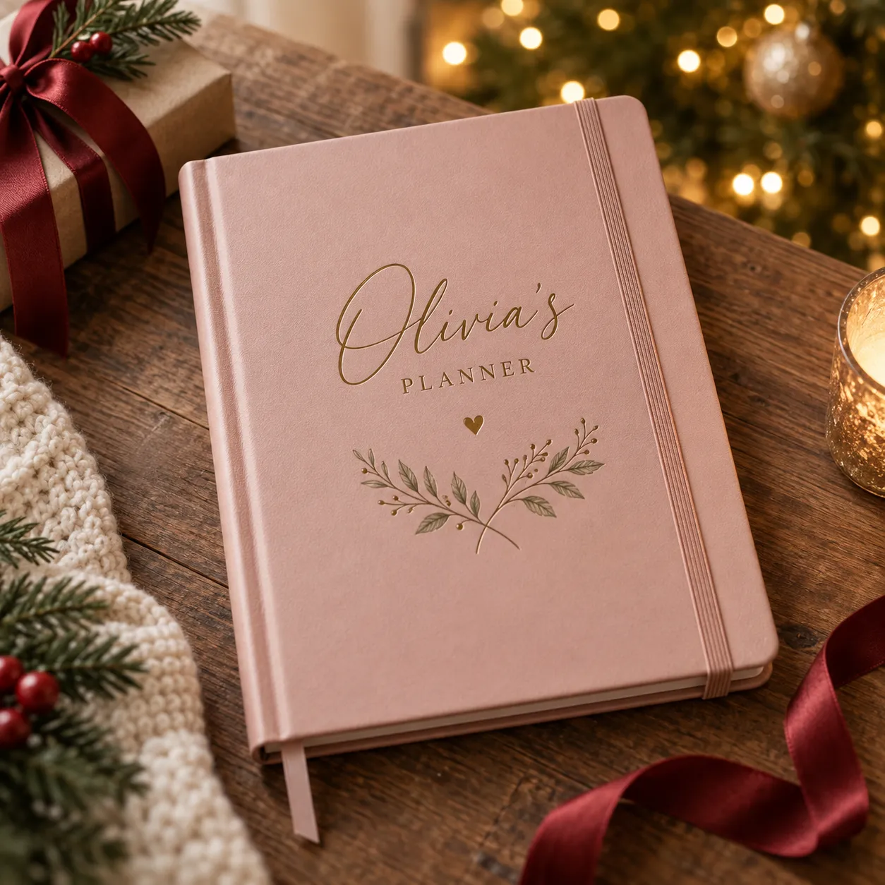 Personalized pink journal with an engraved name on the cover