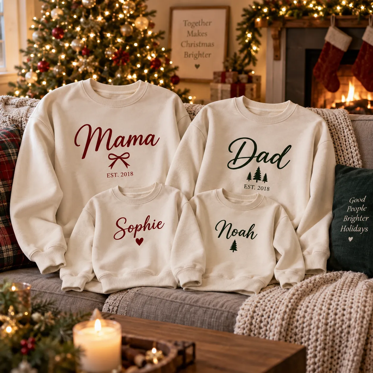 Personalized matching sweaters for Mom Dad, and two kids