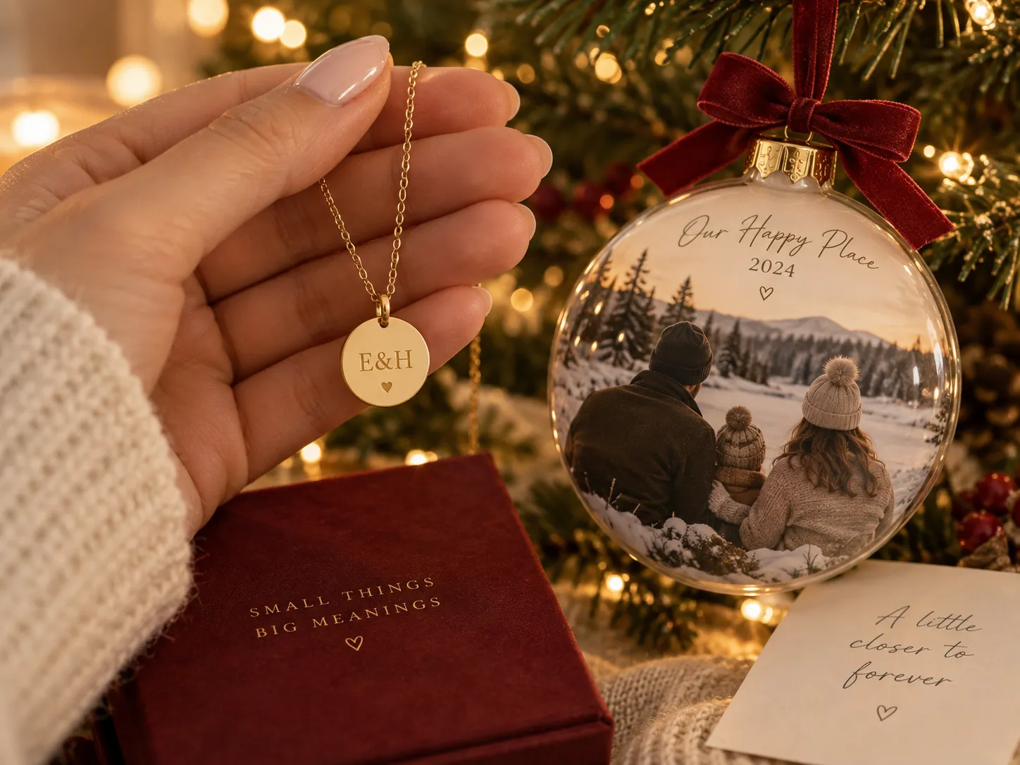 A hand holding a personalized engraved necklace, a photo bauble ornament, a small jewelry box