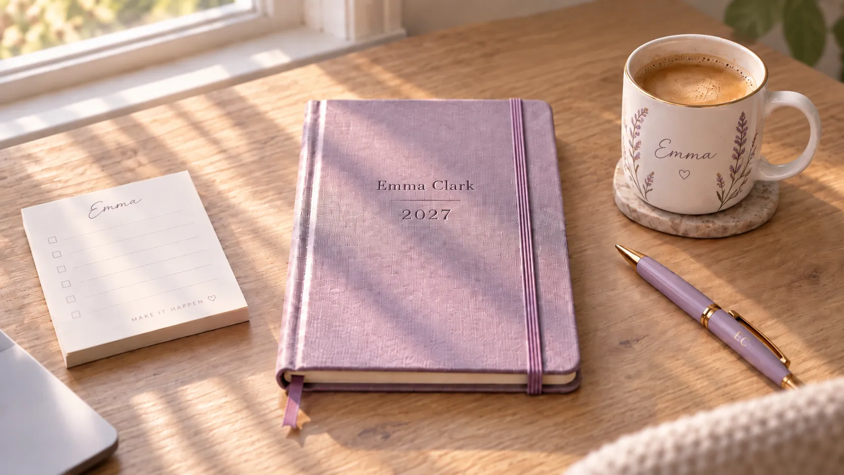A customized note pad, journal and mug over a desk
