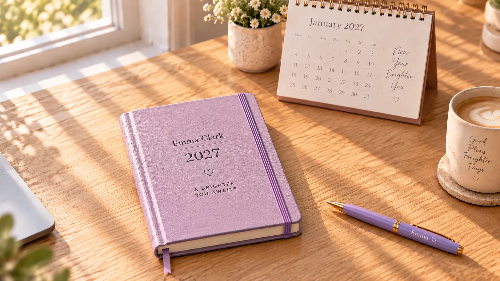 Personalized journal, calendar and mug over a desk