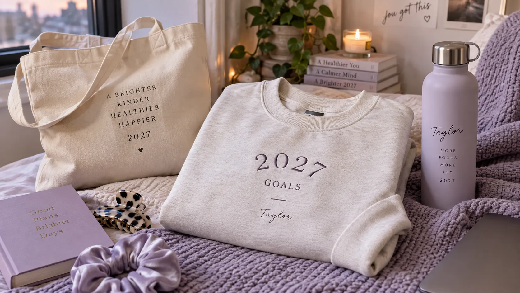 Personalized tote bag, sweater and water bottle over a bed