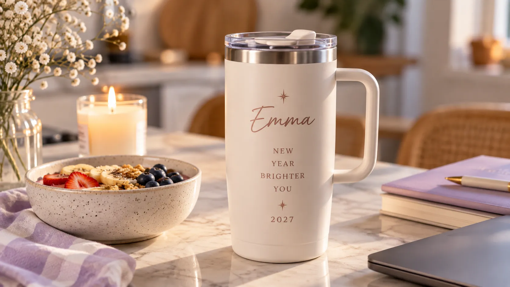 Personalized tumbler over a breakfast kitchen table