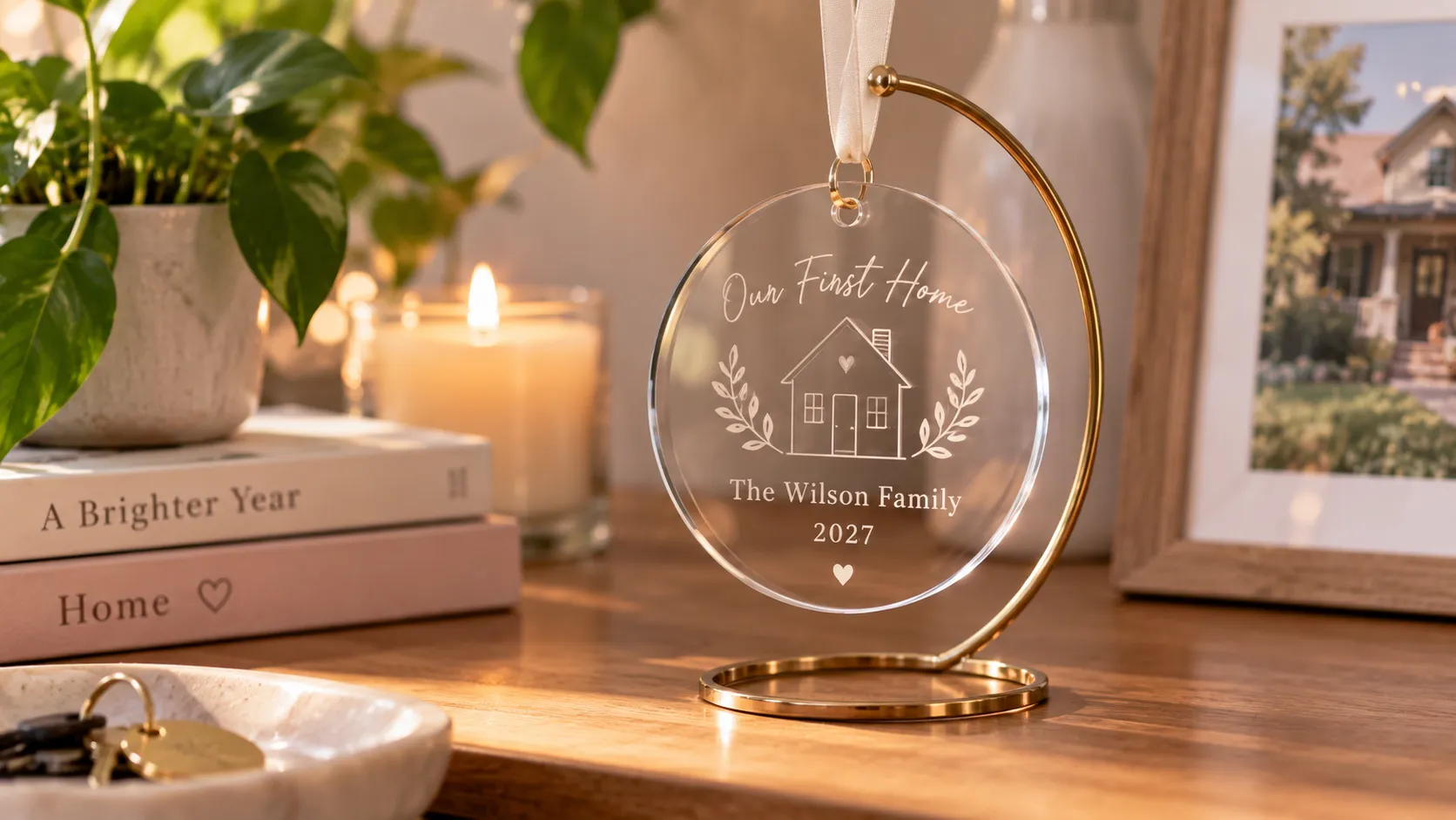 Personalized acrylic ornament piece over a desk