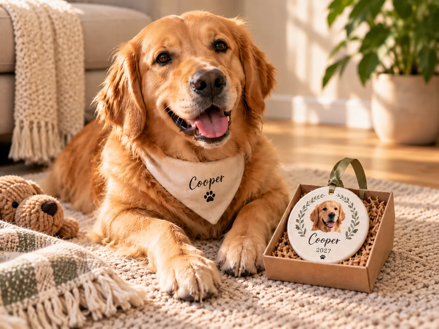 A dog with a personalized bandana and a personalized ornament on the side with the dog photo