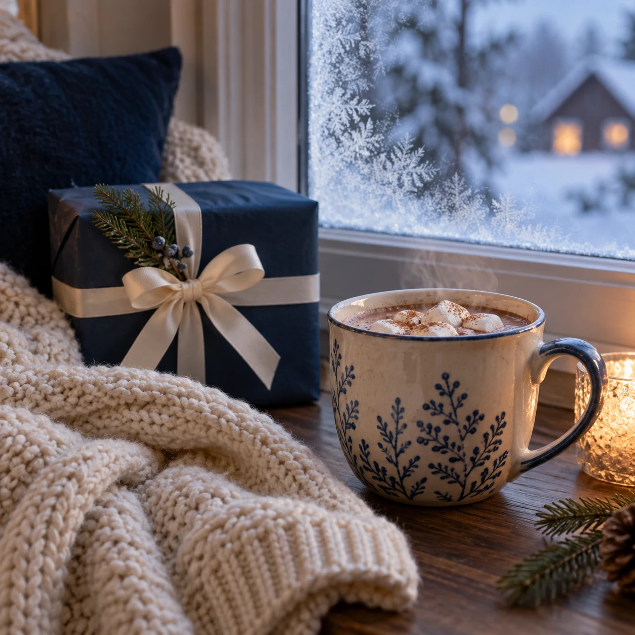 A laptop screen showing a live winter product customization preview being built, a warm mug nearby, cozy home office setting, modern lifestyle tech photography, no readable text  Project content Customily Created by you Add PDFs, documents, or other text to reference in this project. Content