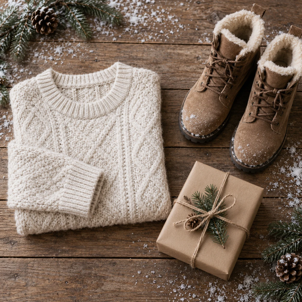 Flat lay of a knit sweater, winter boots, and a wrapped gift box with light snow dusting