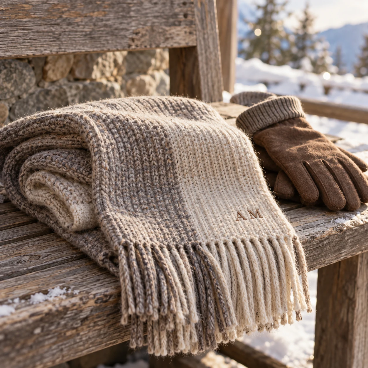 Personalized knit scarf with embroidered initials next to a pair of winter gloves