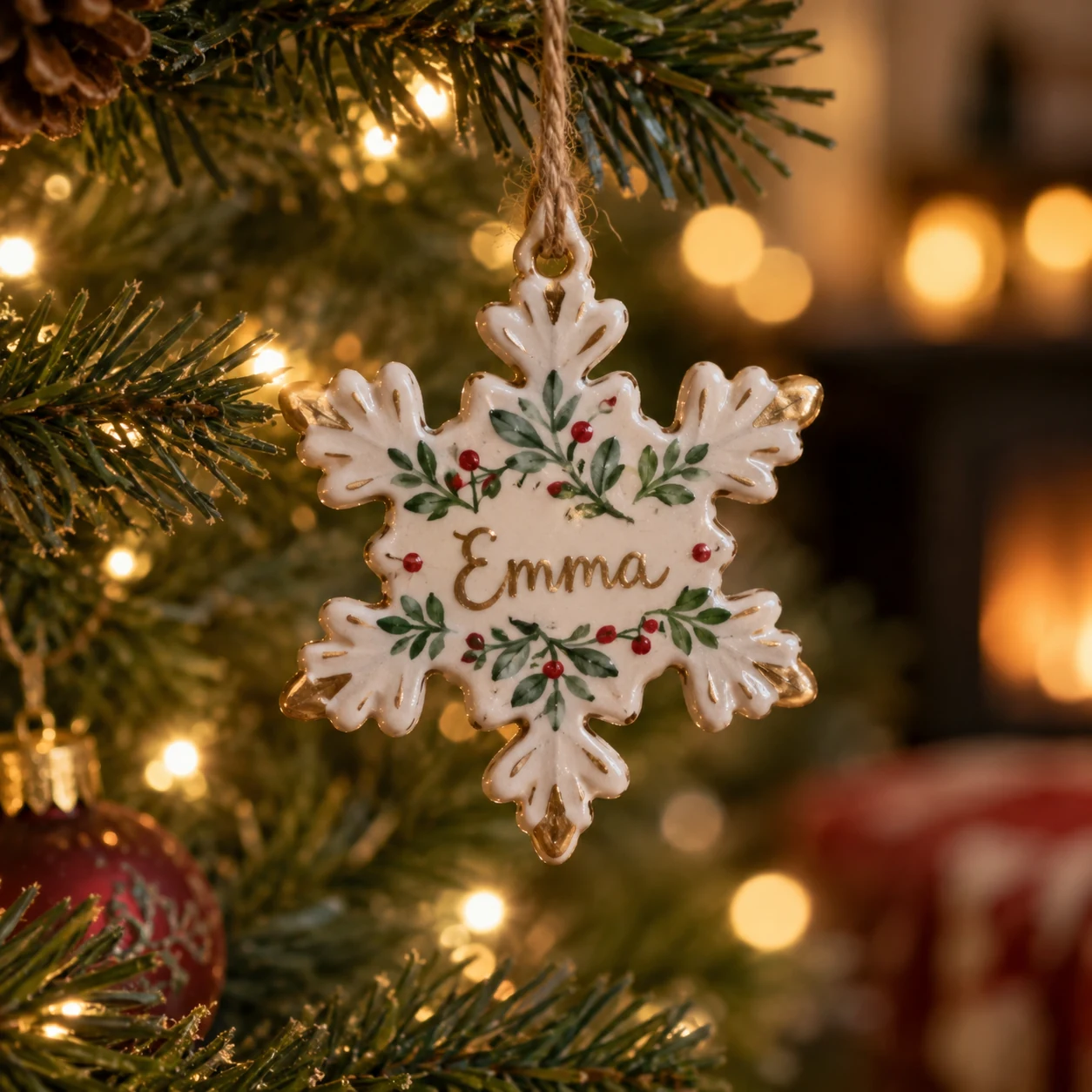 Close-up of a hand-painted personalized snowflake ornament hanging on a pine branch