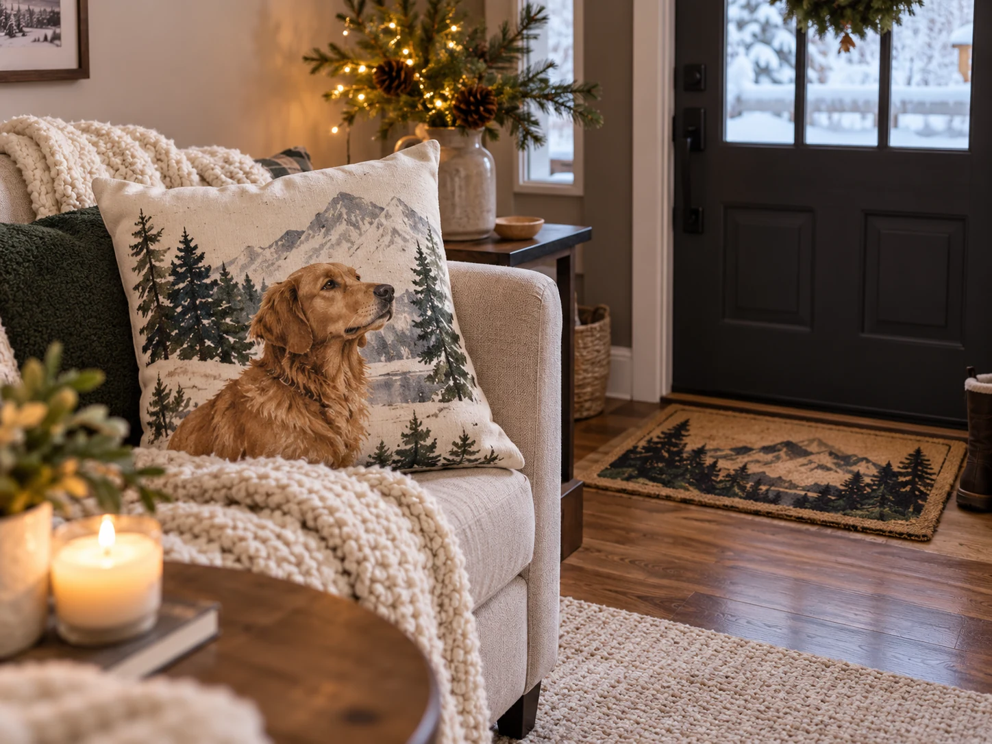 Living room corner with a custom-printed throw pillow and a personalized doormat at the entryway