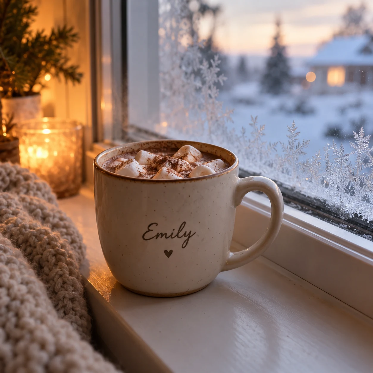 Personalized mug filled with hot chocolate and marshmallows on a frosted windowsill