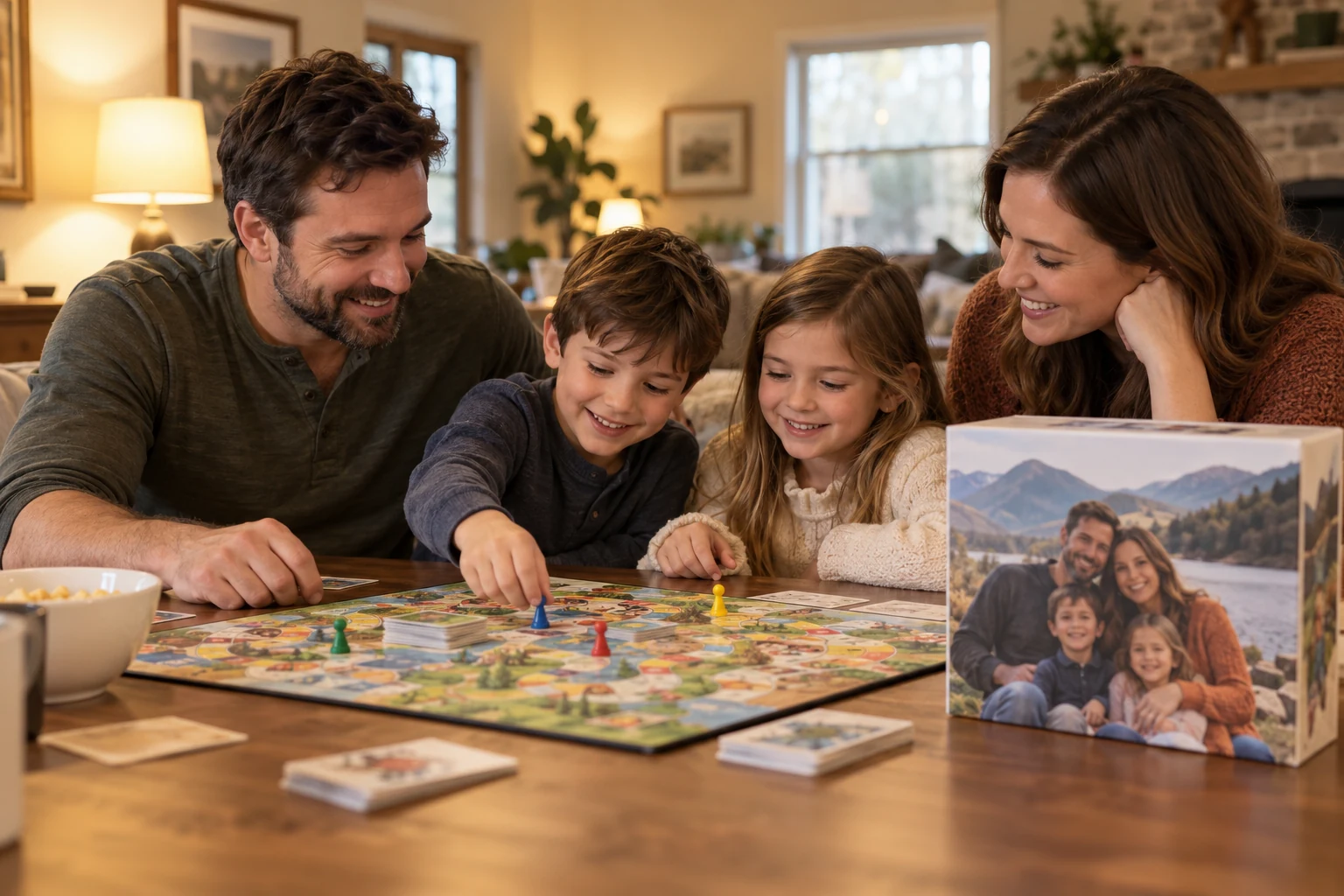 Family playing a custom board game with a personalized family photo on the box
