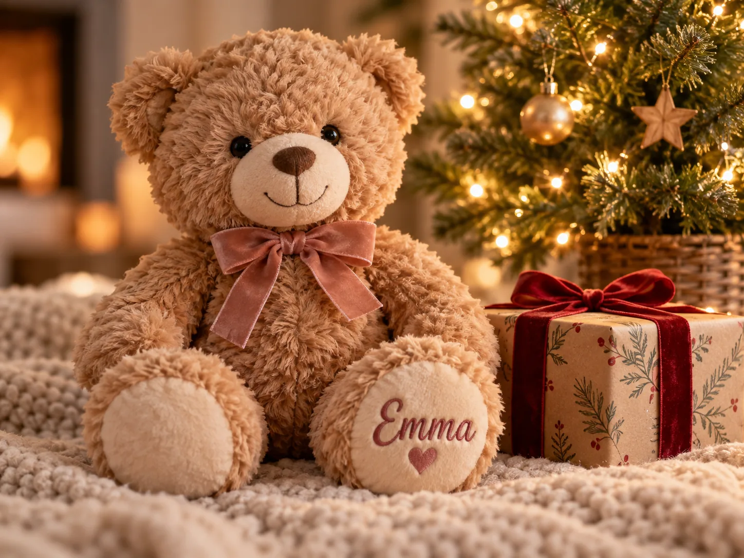 Personalized teddy bear with an embroidered name next to a wrapped holiday gift