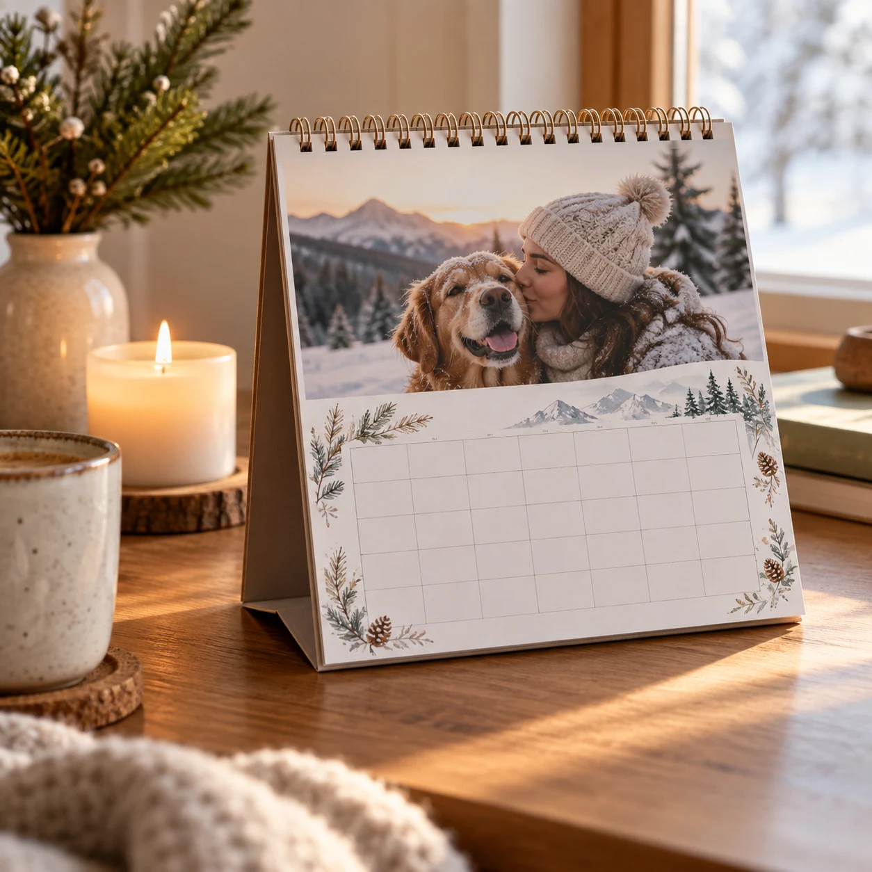 Personalized desk calendar open to a winter month with a small photo and a candle nearby