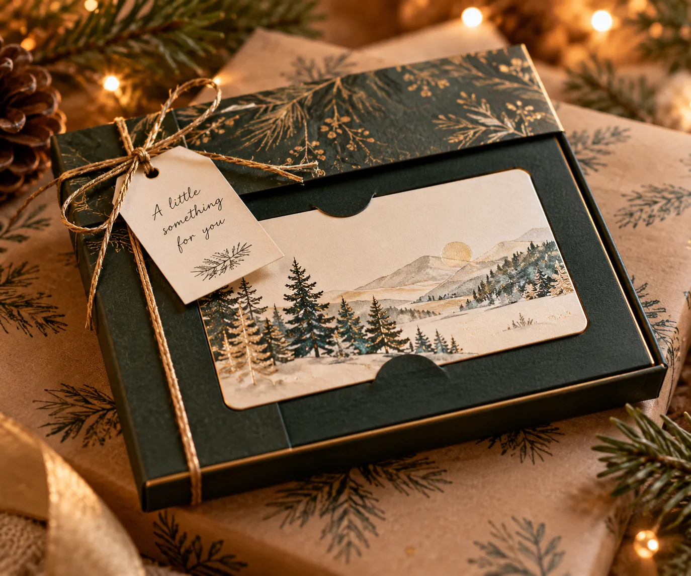 Custom-wrapped gift card in decorative packaging with pine sprigs
