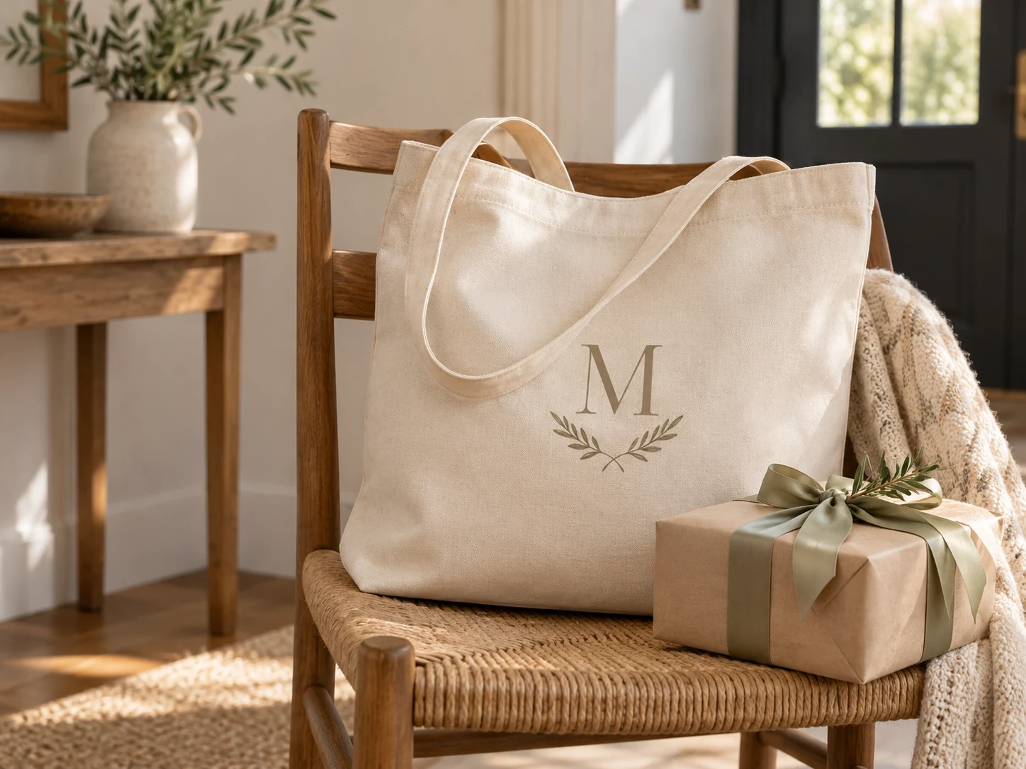 Personalized canvas tote bag with a monogram resting next to a wrapped gift