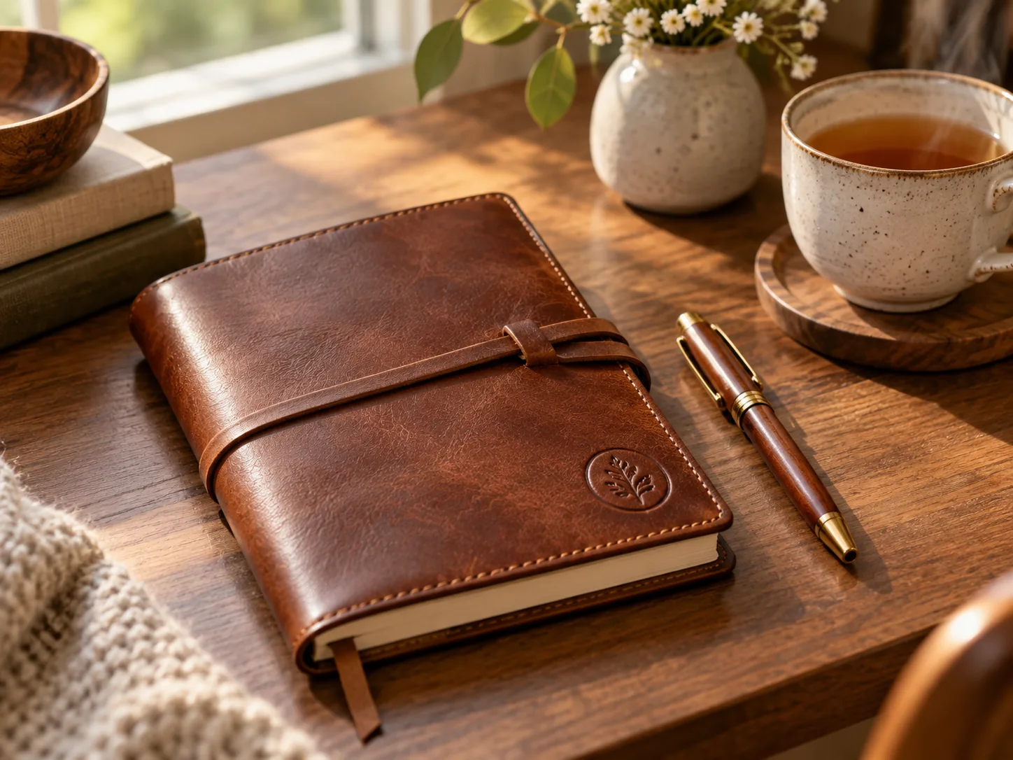 Personalized leather-bound journal and matching pen on a desk with a cup of tea