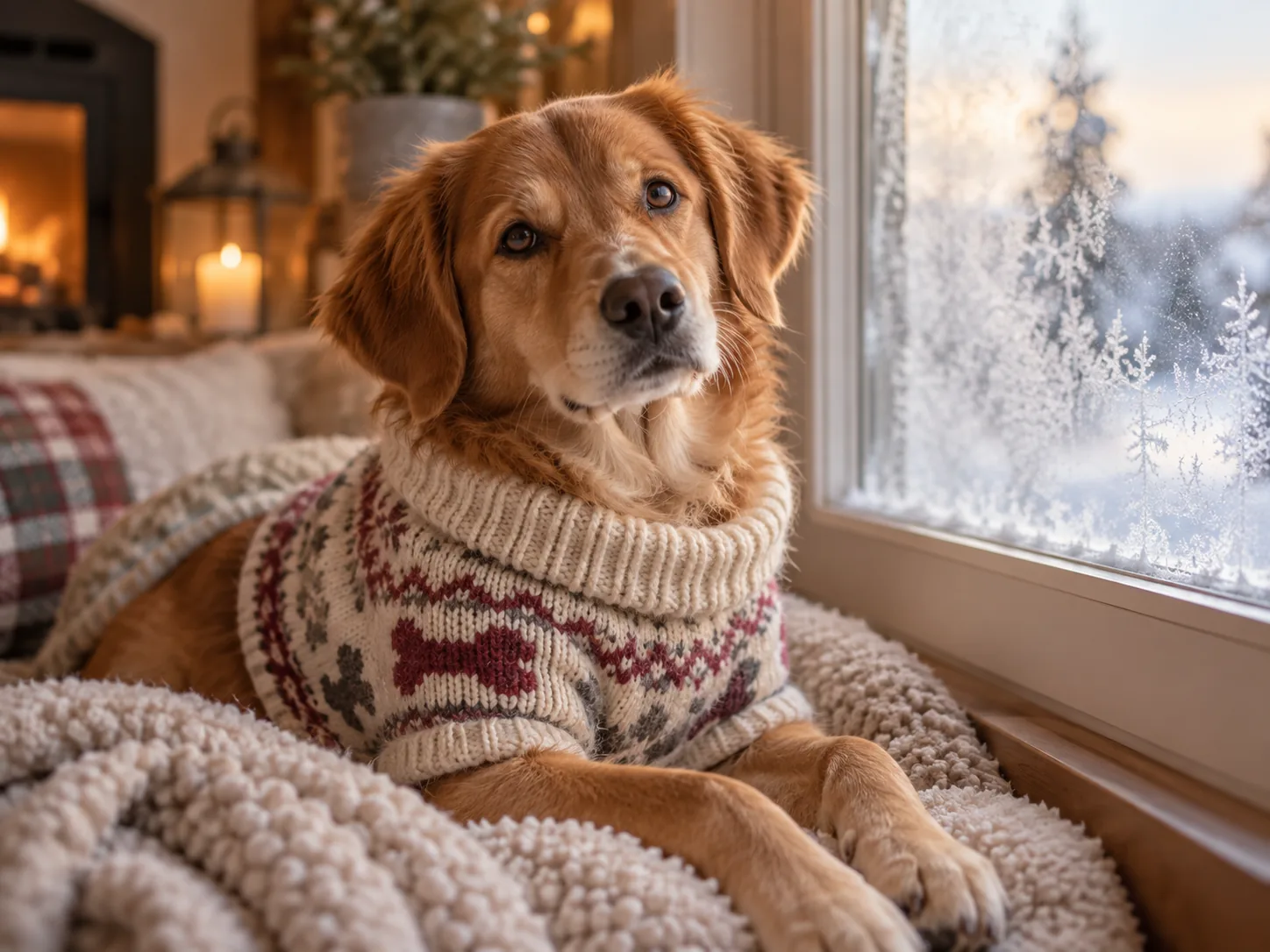 Dog wearing a custom knit sweater with its name near a frosted window