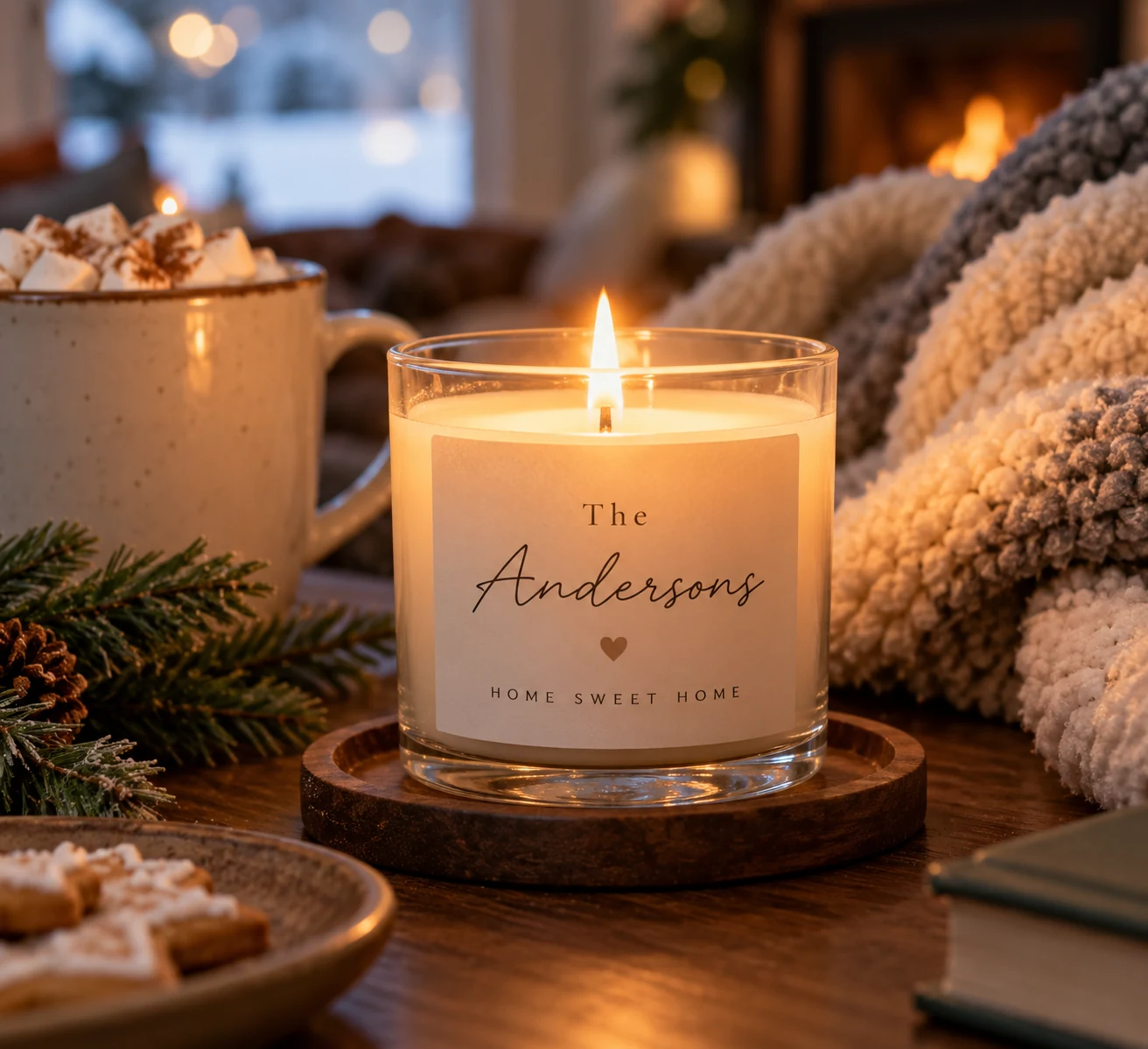 Lit personalized candle with a custom label in a cozy winter setting
