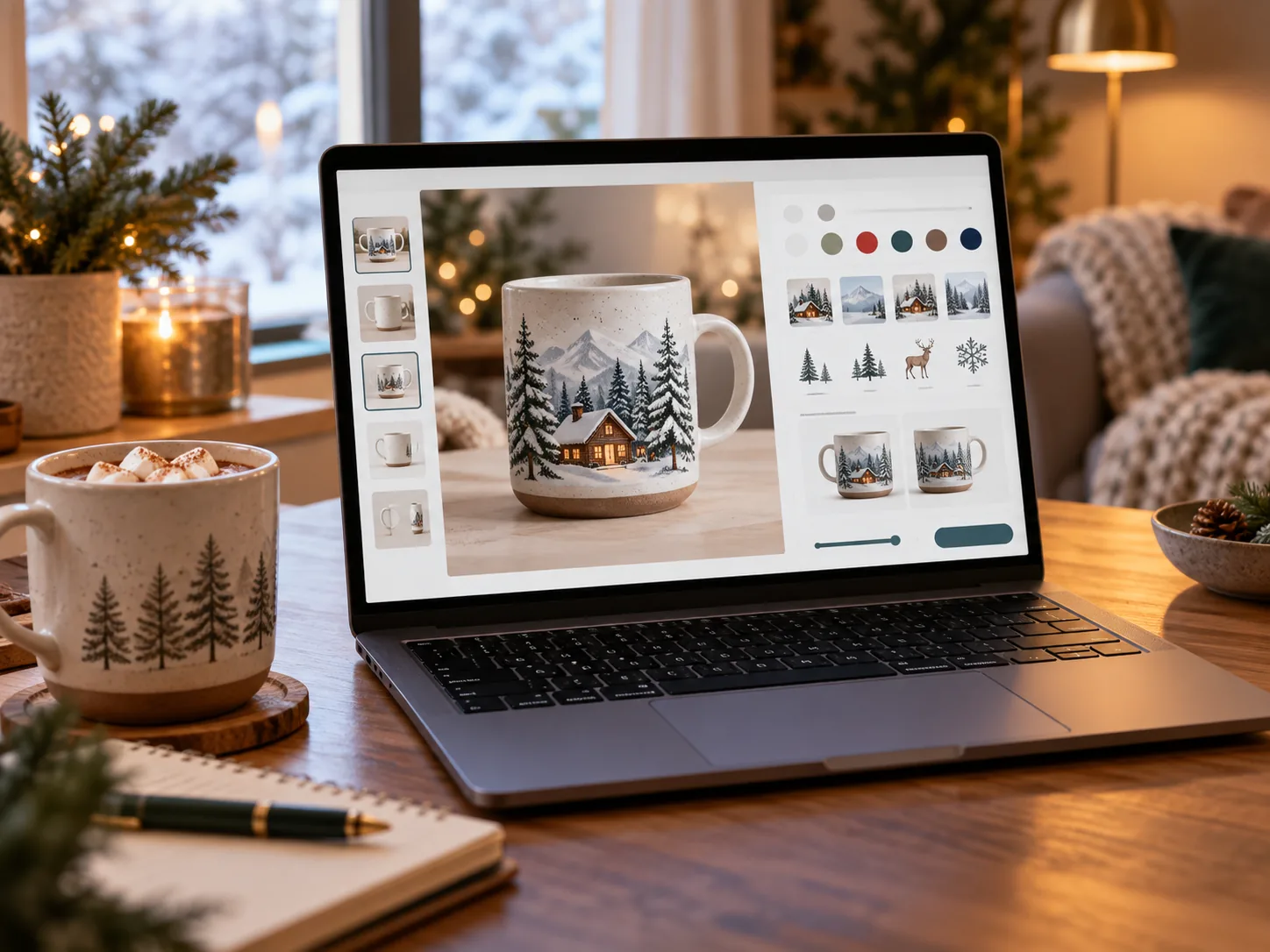 Laptop screen showing a live winter product customization preview being built