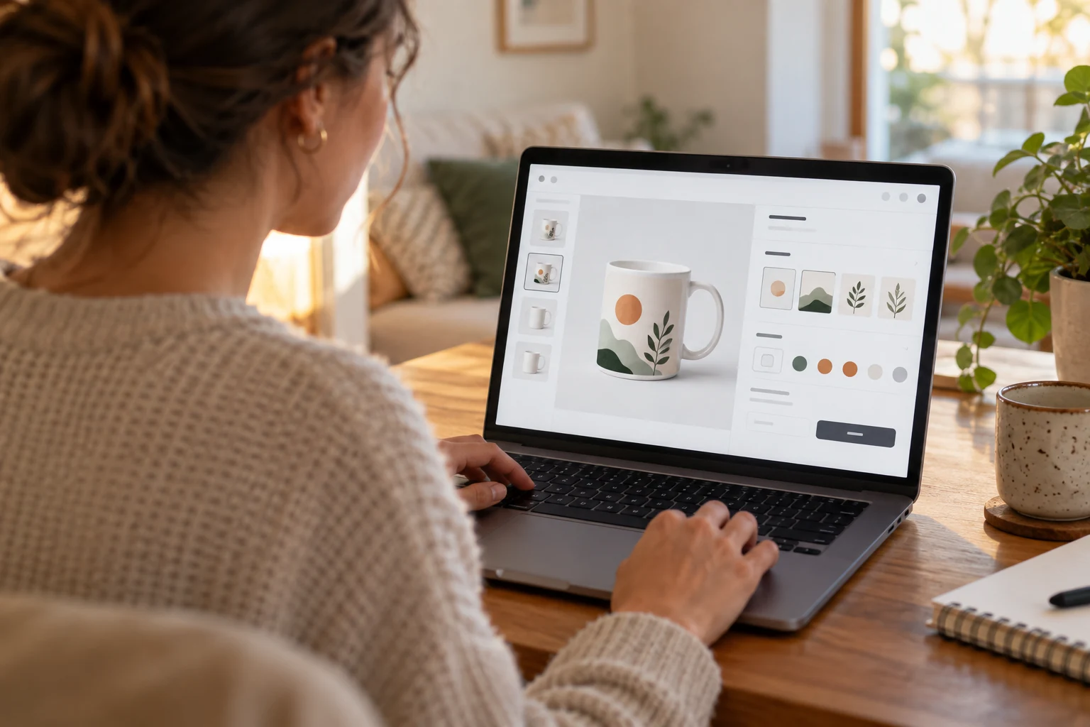 Shopper designing a custom mug on a laptop with a live product preview on screen